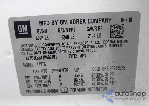 2018 Chevrolet Trax Lt z USA, uszkodzony, nr VIN KL7CJLSB1JB692461